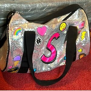 Justice Silver and Black Duffle Bag with Pink Accents